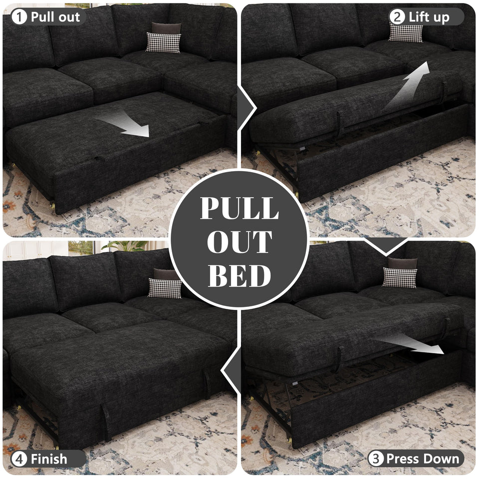 SUAWY 108 Inch Sectional Sleeper Sofa with Pull Out Bed,U Shaped 7 Seat Modular Sectional Sofa with Storage,Sectional Couches for Living Room,Cloud Modular Couch,Removable Sofa Cover,Dark Grey