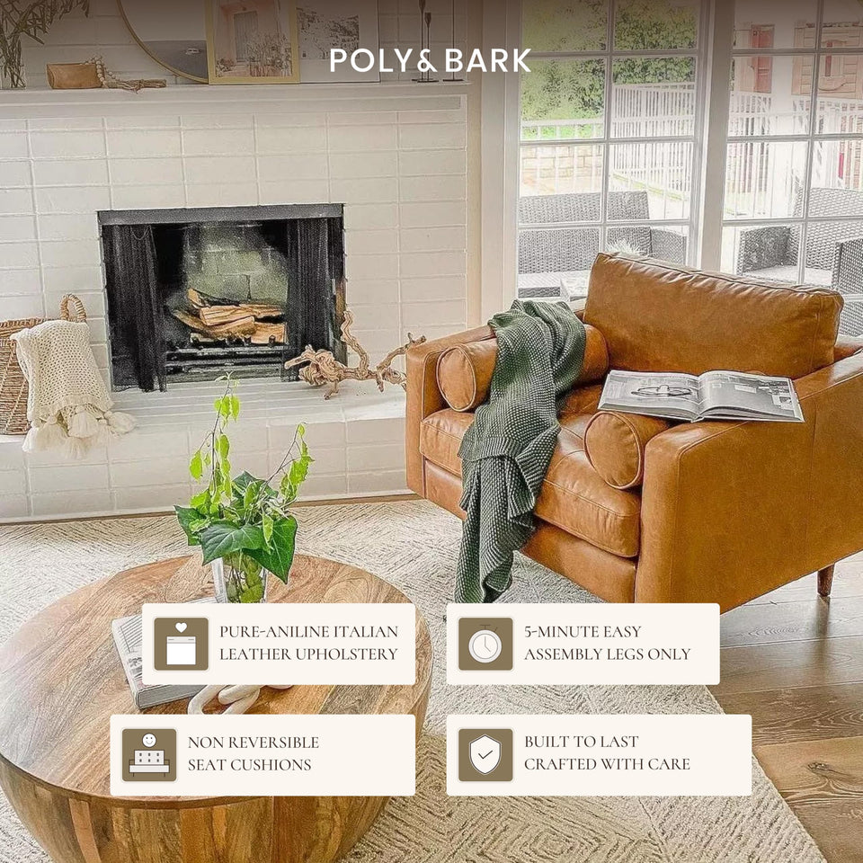 POLY & BARK Napa 72" Apartment Sofa – Italian-Tanned Full-Grain Pure-Aniline or Semi-Aniline Leather, Feather-Down Cushioning, Kiln-Dried Solid Wood Frame, Walnut Legs - Cognac Tan