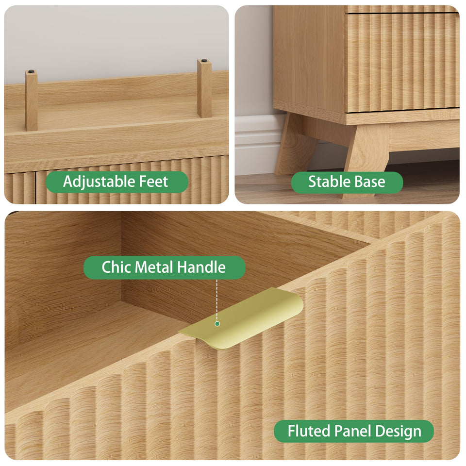 Fluted Dresser for Bedroom with 9 Drawers, 57" Wide Modern Chest of Drawers with Metal Handle, Wooden Dresser TV Stand, Wood Closet Clothes Storage Organizer for Living Room, Hallway, Natural Oak