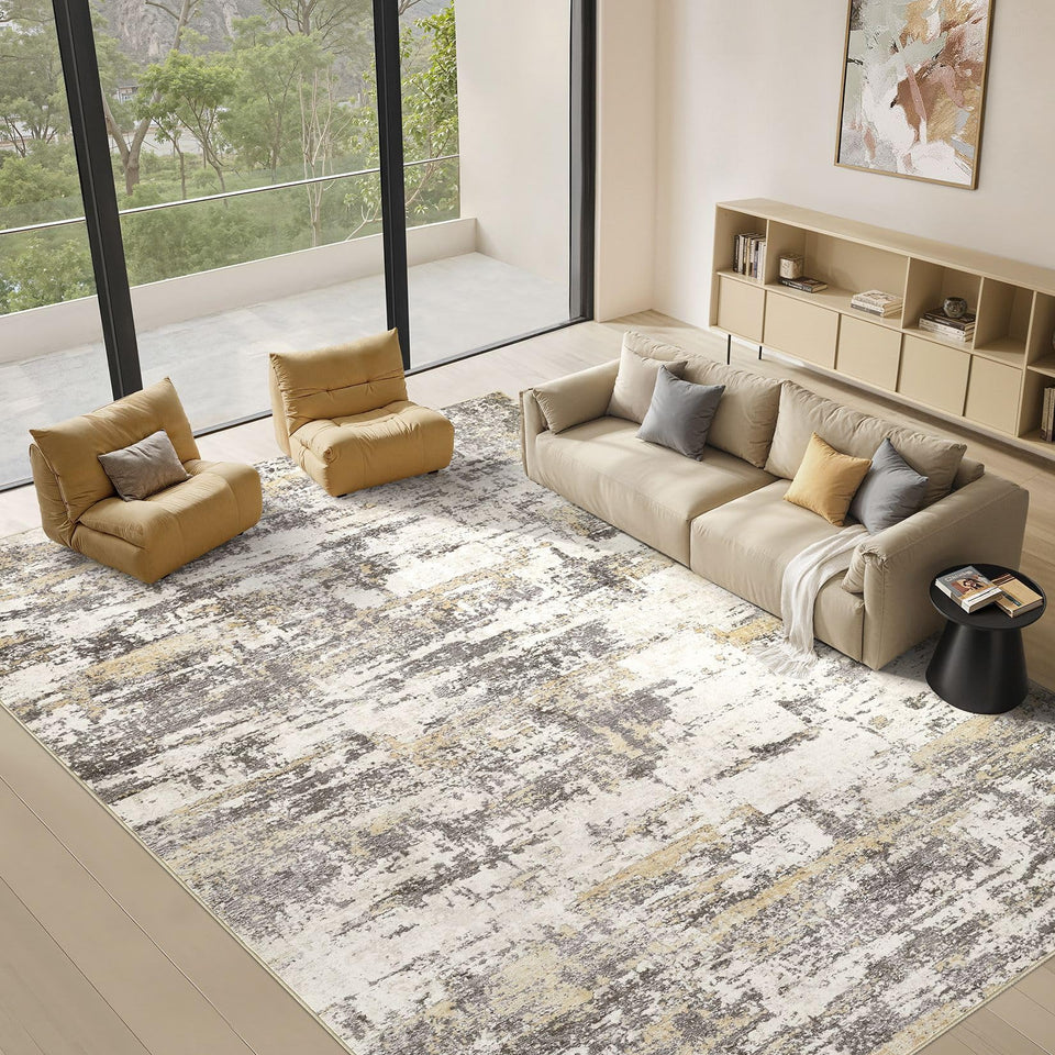 Area Rugs for Living Room: 12x15 Abstract Washable Rug Modern Neutral Large Soft Stain Resistant Non-Slip Backing Machine Table for Bedroom Dining Room Indoor Home Office Carpet - Gold Brown