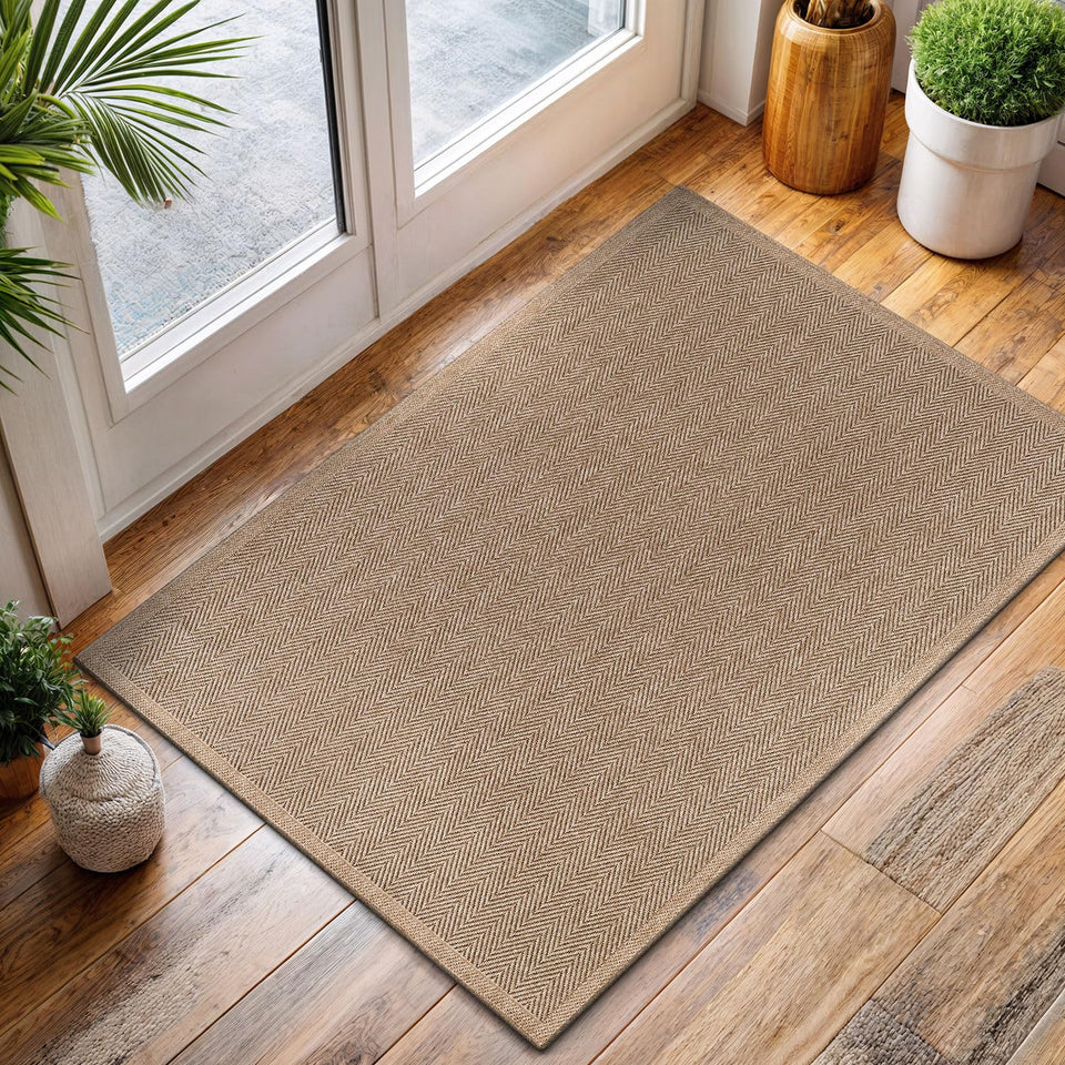 CAMILSON Easy Jute Rug 10x14, Indoor Outdoor Natural Color Fiber Area Rugs for Living Room Patio and Kitchen Rug Herringbone Woven Design Easy-Cleaning Washable Outside Carpet Alfombras 10 x 14