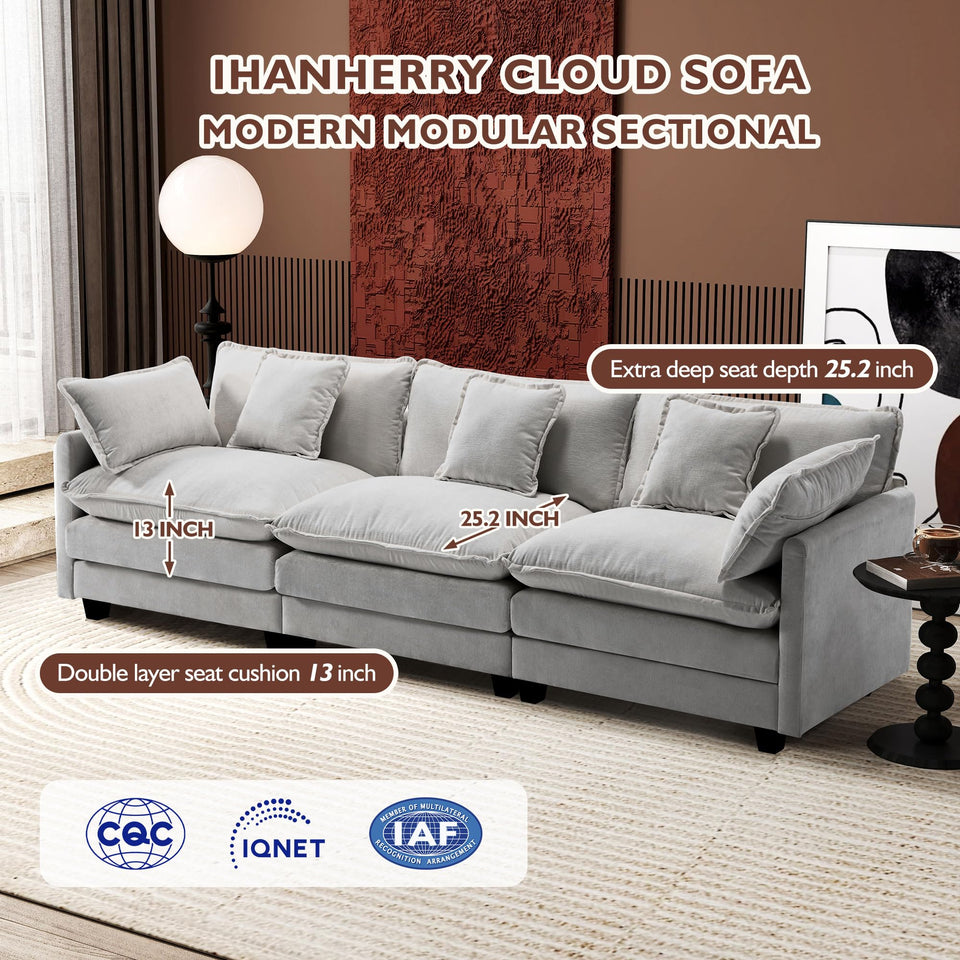 Ihanherry 146" U-Shaped Modern Sofa Modular Sectional Cloud Couch with 2 Ottoman, 6-Seat Chenille Deep Seat Sofa with 6 Pillows for Living Room, Bedroom and Apartment, Grey