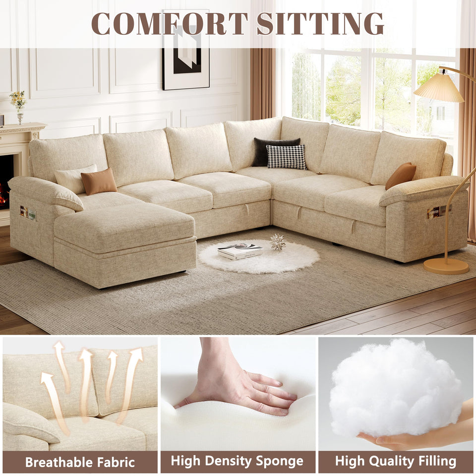 SUAWY 108 Inch Sectional Sleeper Sofa with Pull Out Bed,U Shaped 7 Seat Modular Sectional Sofa with Storage,Sectional Couches for Living Room,Cloud Modular Couch,Removable Sofa Cover,Dark Grey