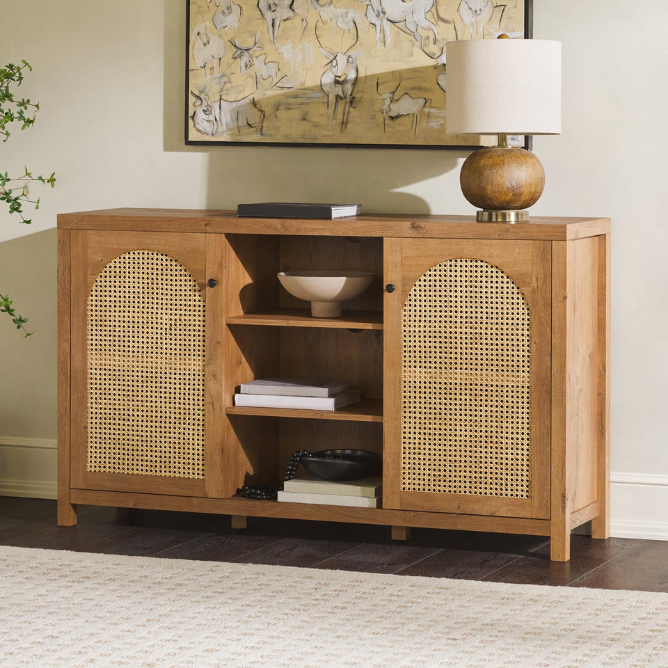 Walker Edison Sasha 4-Door Reeded Sideboard Buffet with Cord Management, 70 Inch, Coastal Oak
