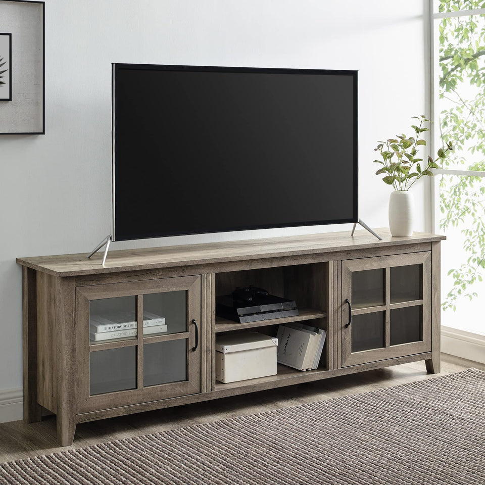 Walker Edison Portsmouth Classic 2 Glass Door TV Stand for TVs up to 80 Inches, 70 Inch, Dark Walnut