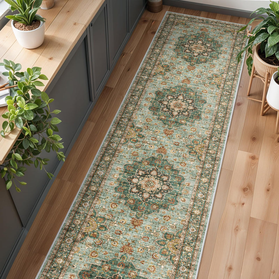 TOPRUUG Washable Oriental Area Rug - 12x15 Rugs for Living Room Soft Carpet for Bedroom Waterproof Floral Distressed Indoor Stain Resistant Non-Shedding Floor Carpets (Green, 12x15)