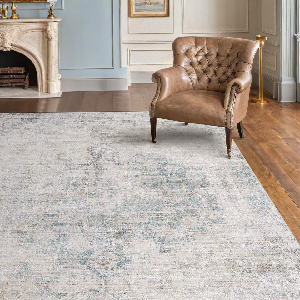 Neutral Living Room Rug - 10x14 Farmhouse Beige Brown Large Area Rug for Dining Room, Bedroom, Low Pile Lightweight Washable