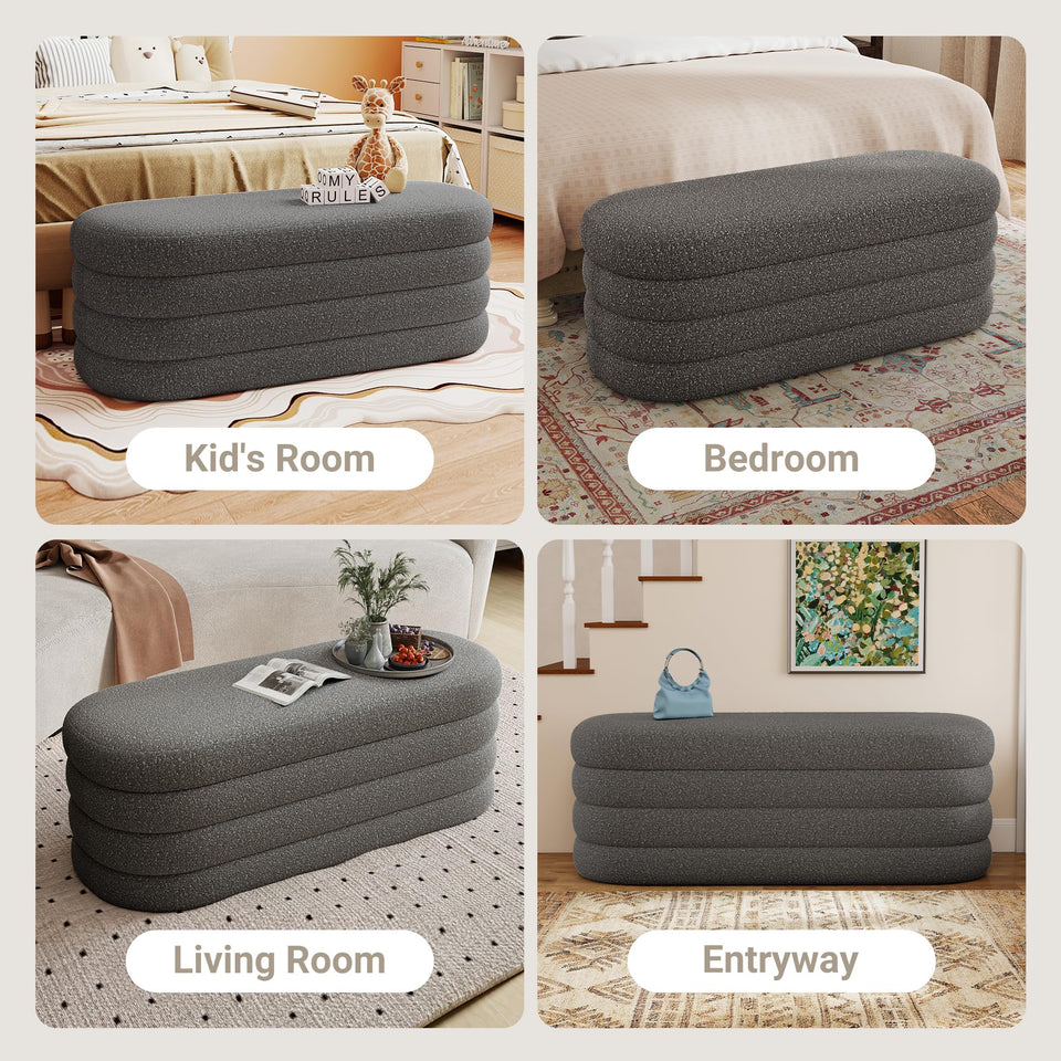 Busaurus Storage Ottoman Bench 49.2 Inch Upholstered Fabric Storage Bench for Bedroom End of Bed Aesthetic Large Oval Ottoman for Living Room Entryway (Ivory)