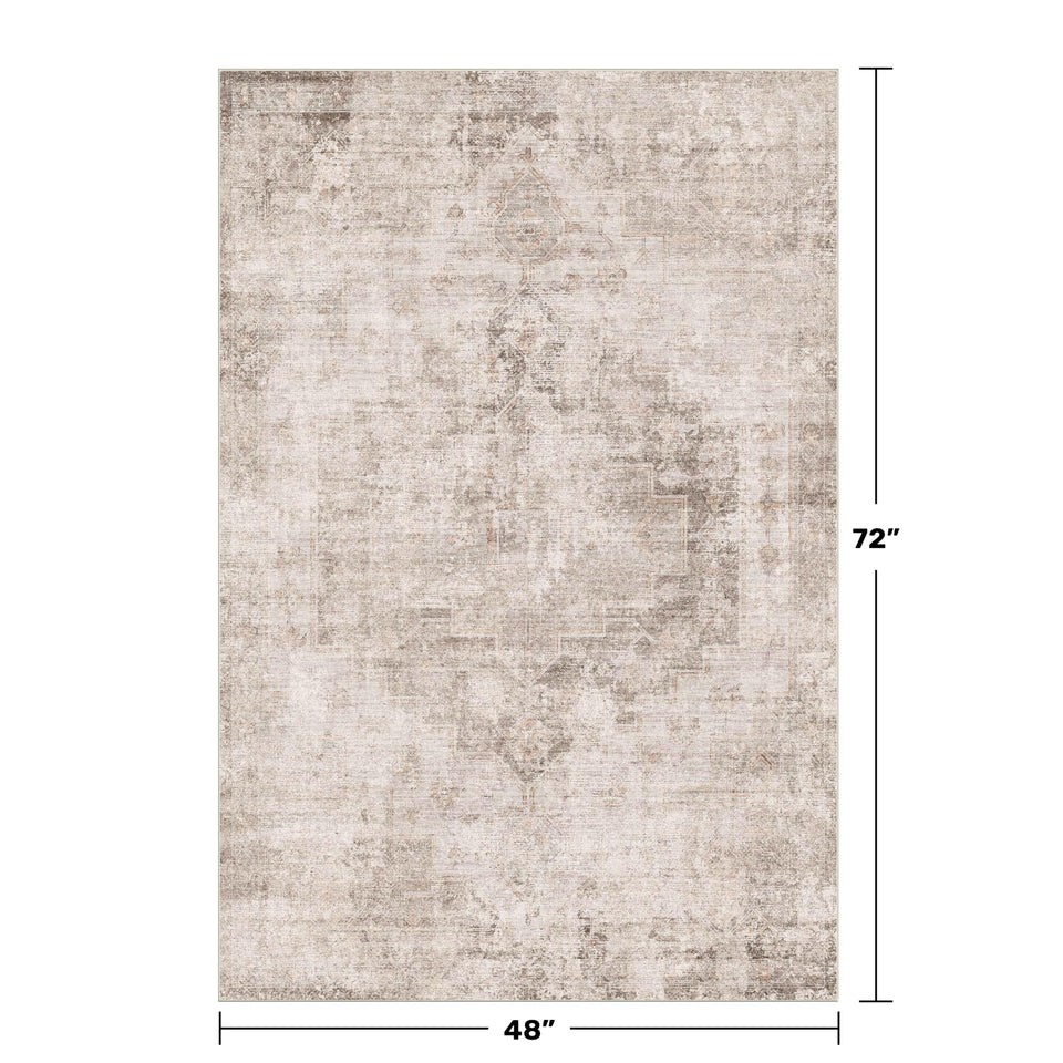 Neutral Living Room Rug - 10x14 Farmhouse Beige Brown Large Area Rug for Dining Room, Bedroom, Low Pile Lightweight Washable