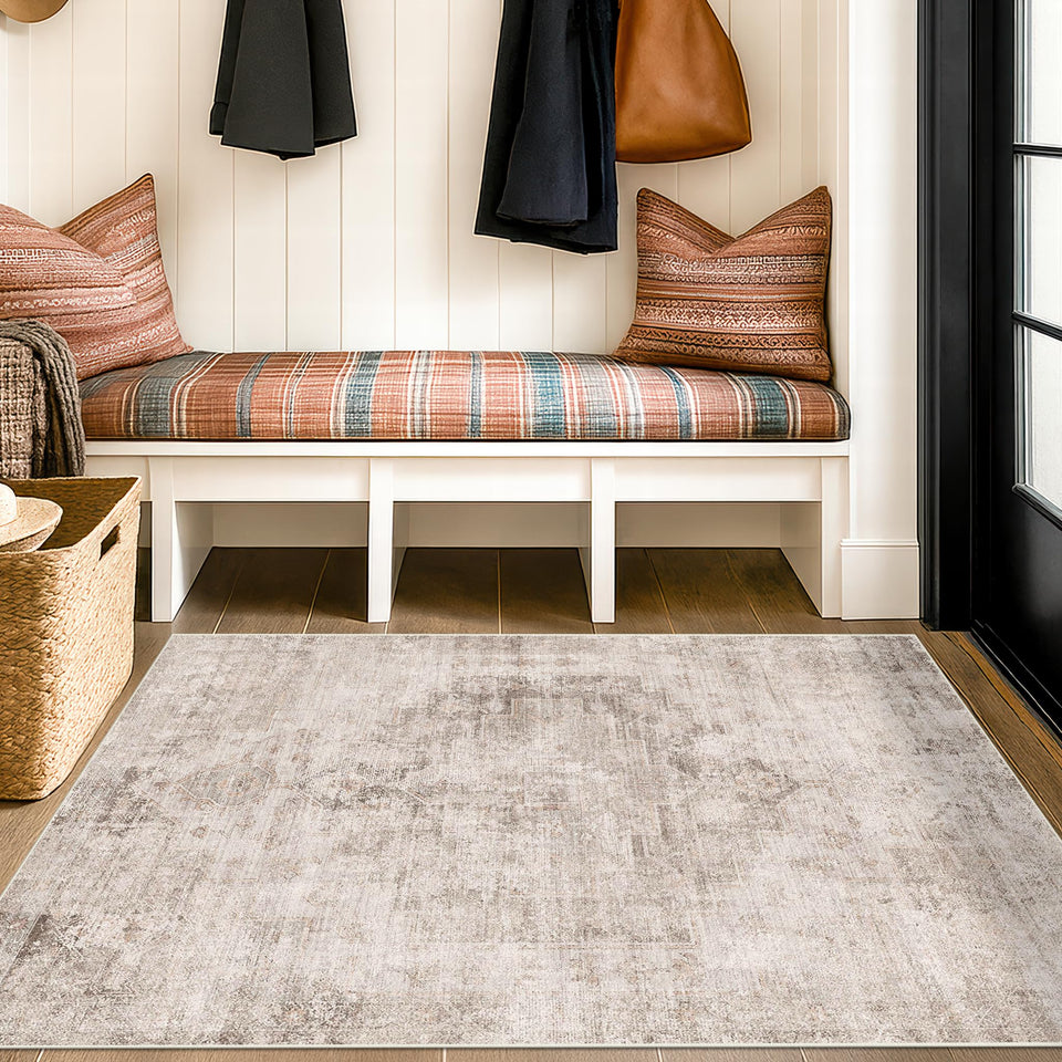 Neutral Living Room Rug - 10x14 Farmhouse Beige Brown Large Area Rug for Dining Room, Bedroom, Low Pile Lightweight Washable