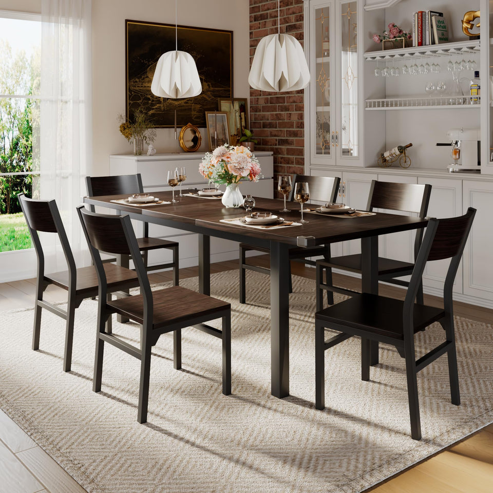 iPormis 7-Piece Dining Table Set with 6 Chairs, 63" Extendable Kitchen Table & Chairs Set for 4-6, Dining RoomTable with Solid Metal Frame & MDF Board, Perfect for Small Space, Easy Assembly, Walnut