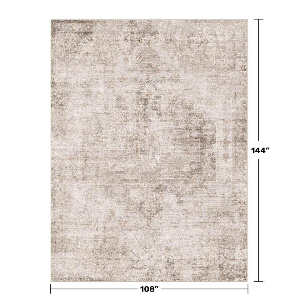 Neutral Living Room Rug - 10x14 Farmhouse Beige Brown Large Area Rug for Dining Room, Bedroom, Low Pile Lightweight Washable