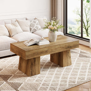 LITTLE TREE Farmhouse Coffee Table, 47 Inches Wooden Rectangular Accent Center Tables with Thick Base, Modern Low Cocktail Tea Furniture for Living Room (Rustic Brown)