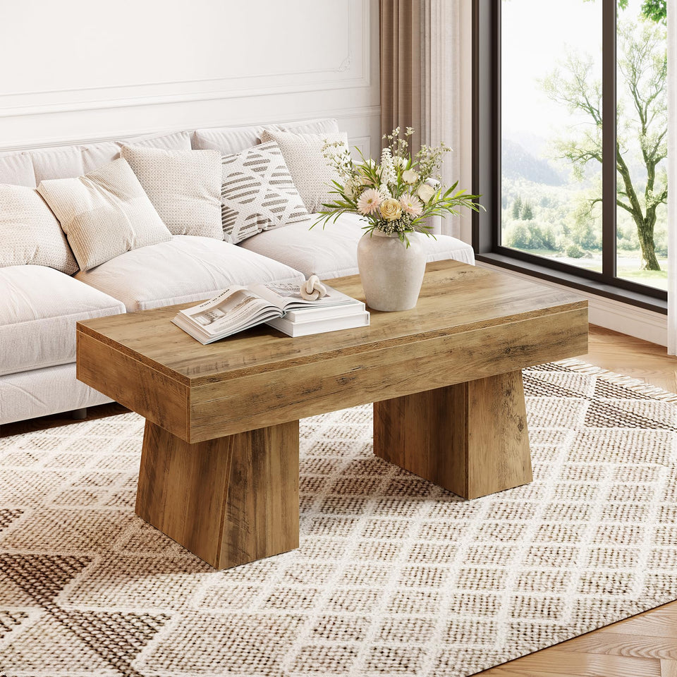 LITTLE TREE Farmhouse Coffee Table, 47 Inches Wooden Rectangular Accent Center Tables with Thick Base, Modern Low Cocktail Tea Furniture for Living Room (Rustic Brown)
