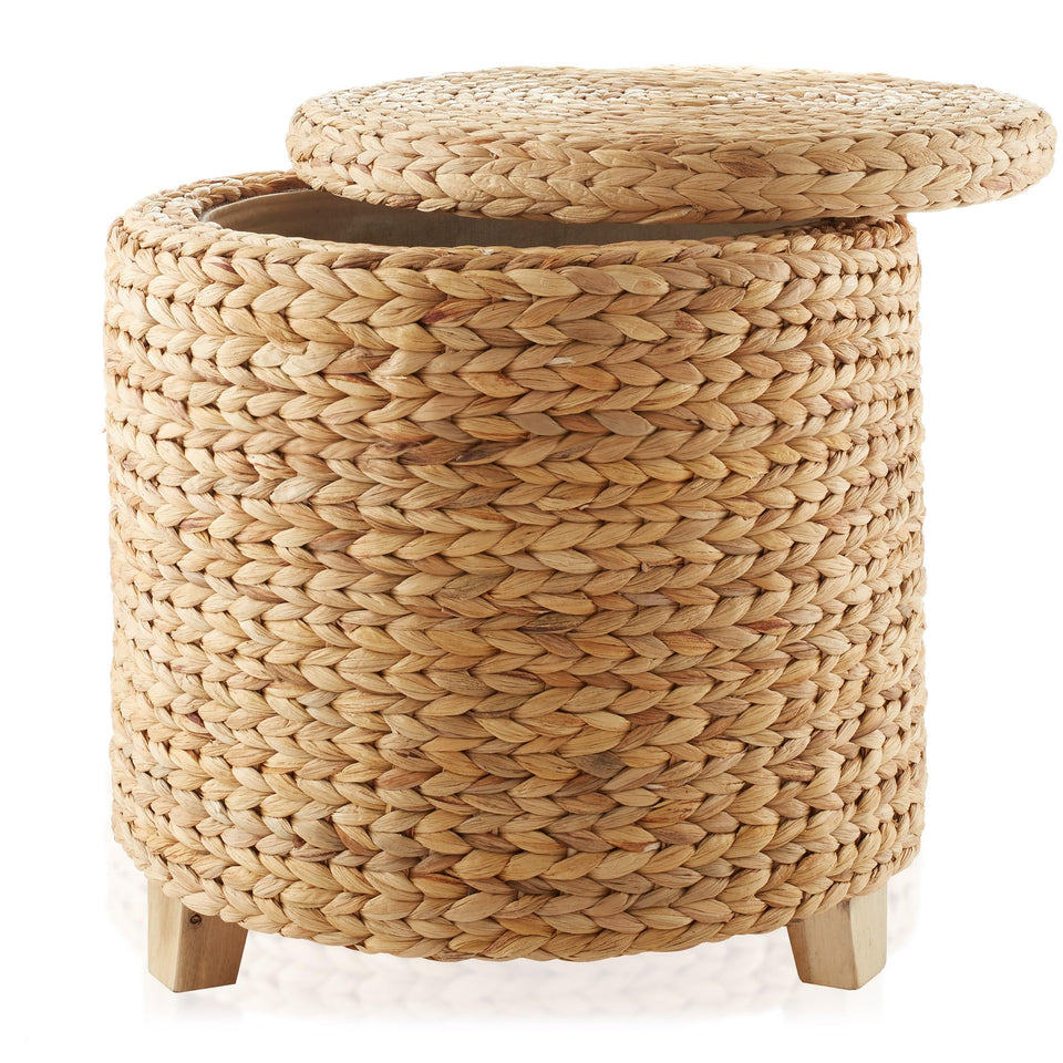 Casafield 17" Round Storage Ottoman with Lid - Natural, Handwoven Water Hyacinth Footstool for Living Room, Bedroom, Bathroom, Home Office