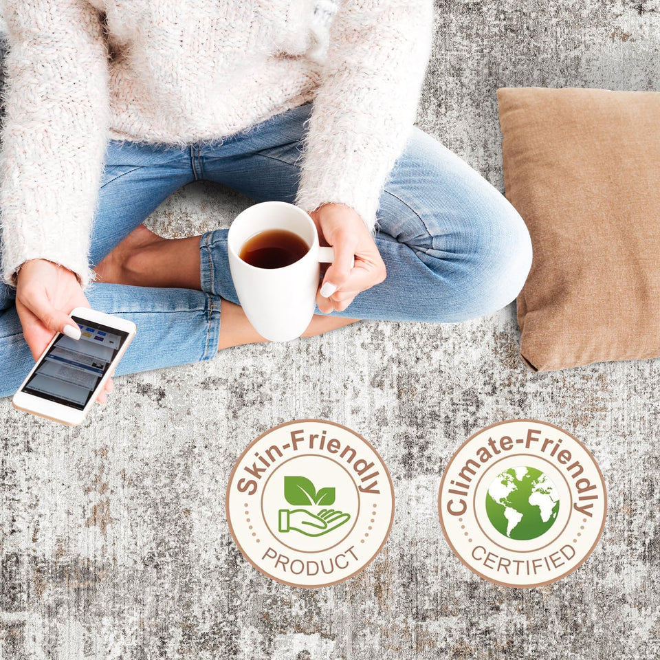 12x15 Area Rug for Living Room – Large Modern Neutral Abstract Thin Washable Carpet, Soft Low Pile Non-Slip Stain-Resistant for Bedroom Dining Room Home Office (Beige Grey)