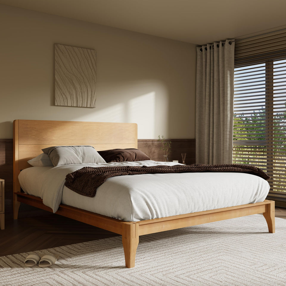 Merax Queen Size Bamboo Platform Bed, Mid-Century Modern Bed Frame with Tall Headboard, Solid Sustainable Bedframe Queen-size, Wood Slat Support, No Box Spring Needed, Easy Assembly, Noise Free, Brown