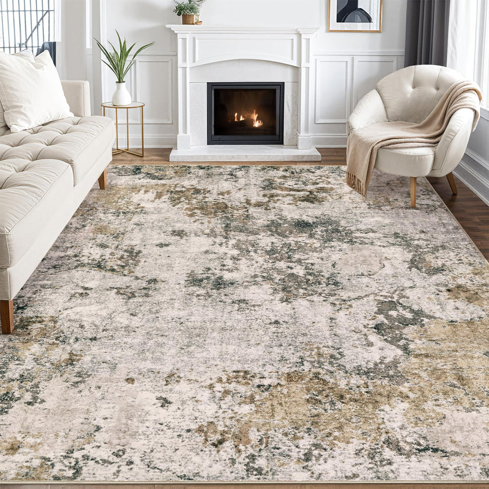 Area Rugs for Living Room: 12x15 Abstract Washable Rug Modern Neutral Large Soft Stain Resistant Non-Slip Backing Machine Table for Bedroom Dining Room Indoor Home Office Carpet - Gold Brown