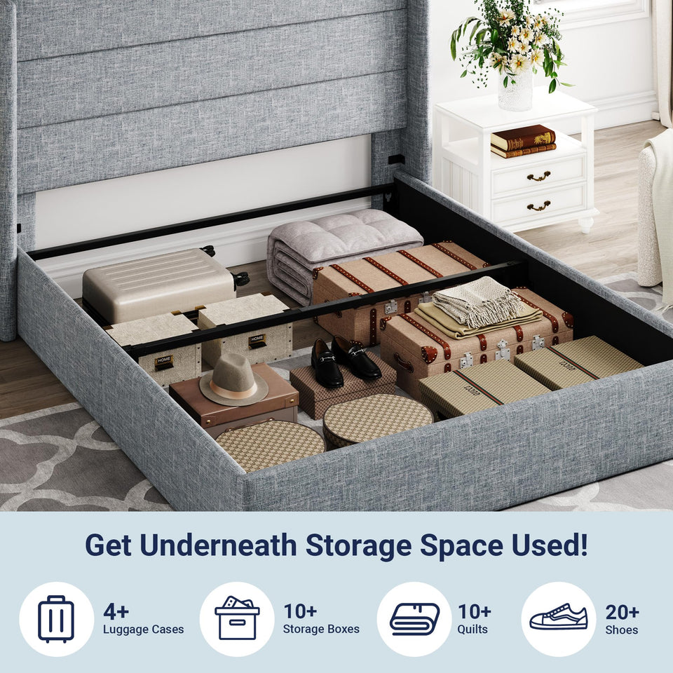 Allewie King Size Lift Up Storage Bed, Modern Wingback Headboard, Hydraulic Support, No Box Spring Needed, Light Beige