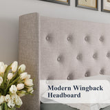 Allewie King Size Lift Up Storage Bed, Modern Wingback Headboard, Hydraulic Support, No Box Spring Needed, Light Beige