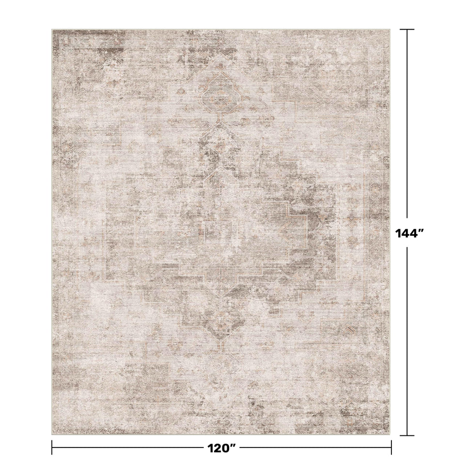 Neutral Living Room Rug - 10x14 Farmhouse Beige Brown Large Area Rug for Dining Room, Bedroom, Low Pile Lightweight Washable