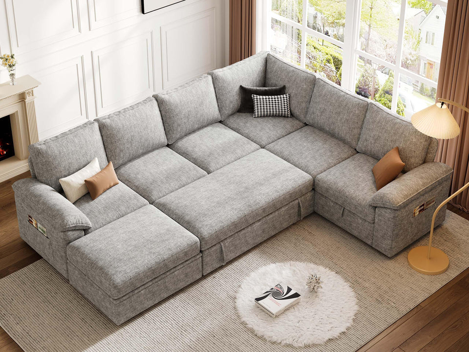 SUAWY 108 Inch Sectional Sleeper Sofa with Pull Out Bed,U Shaped 7 Seat Modular Sectional Sofa with Storage,Sectional Couches for Living Room,Cloud Modular Couch,Removable Sofa Cover,Dark Grey