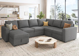 HONBAY Sectional Sleeper Sofa with Pull Out Bed, U Shaped Couch with Storage, Modular Sectional Couches for Living Room, Dark Grey
