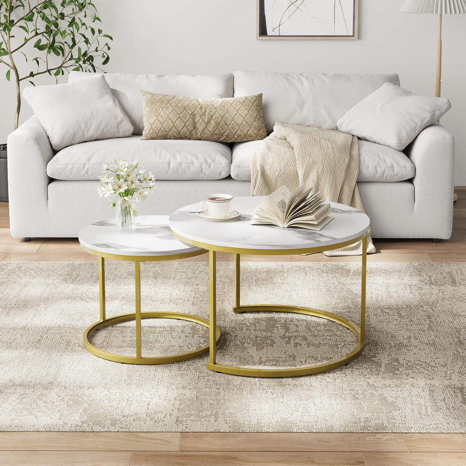 Smuxee Nesting Coffee Table Set of 2, 23.6" Round Coffee Table Wood Grain Top with Adjustable Non-Slip Feet, Industrial End Table Side Tables for Living Room Bedroom Balcony Yard