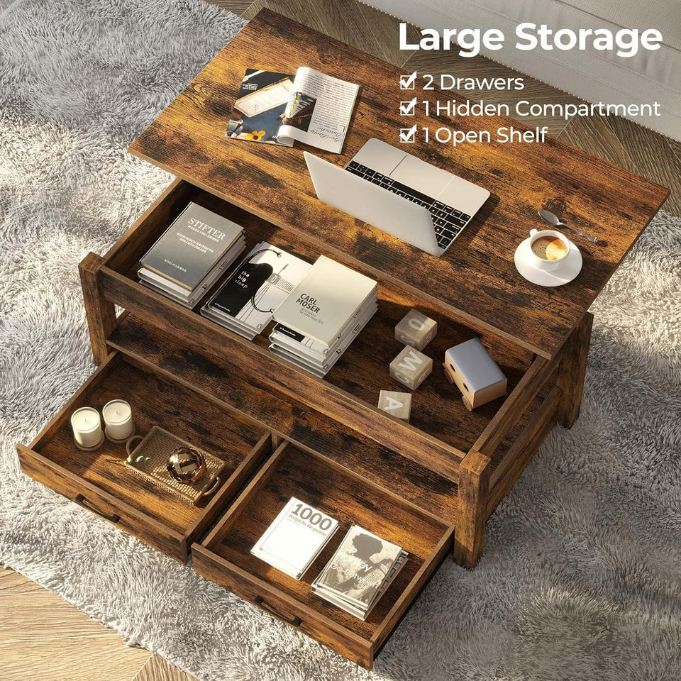 Rolanstar Coffee Table, Lift Top Coffee Table with Drawers and Hidden Compartment, Retro Central Table with Wooden Lift Tabletop, for Living Room,Espresso