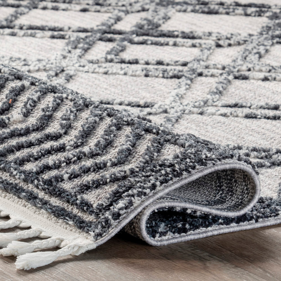 nuLOOM 8x11 Ansley Moroccan Tassel Area Rug, Light Grey, High-Low Textured Bohemian Design, Plush High Pile, Stain Resistant, For Bedroom, Living Room, Hallway, Entryway