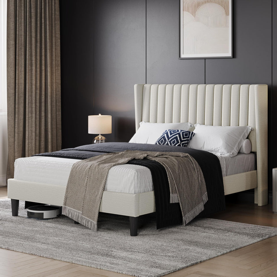 Yaheetech King Bed Frame Upholstered Platform Bed with Fabric Headboard, Wing Edge Design/Non-Slip and Noise-Free/Wooden Slats Support/No Box Spring Needed/Easy Assembly, Ivory King Bed