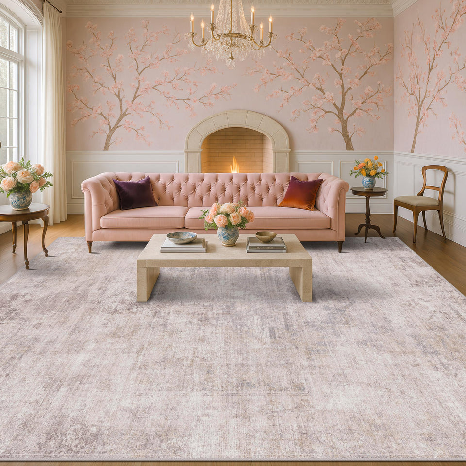 Neutral Living Room Rug - 10x14 Farmhouse Beige Brown Large Area Rug for Dining Room, Bedroom, Low Pile Lightweight Washable