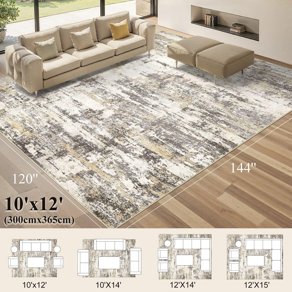 Area Rugs for Living Room: 12x15 Abstract Washable Rug Modern Neutral Large Soft Stain Resistant Non-Slip Backing Machine Table for Bedroom Dining Room Indoor Home Office Carpet - Gold Brown