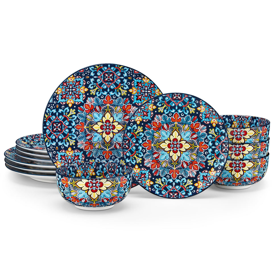 vancasso 24 Pieces Dinnerware Sets, Plates and Bowls Set, Porcelain Dishes Set for 6, Microwave and Dishwasher Safe, Scratch Resistant, Bohemian Style Dining Ware Service for 6, Series SIMI