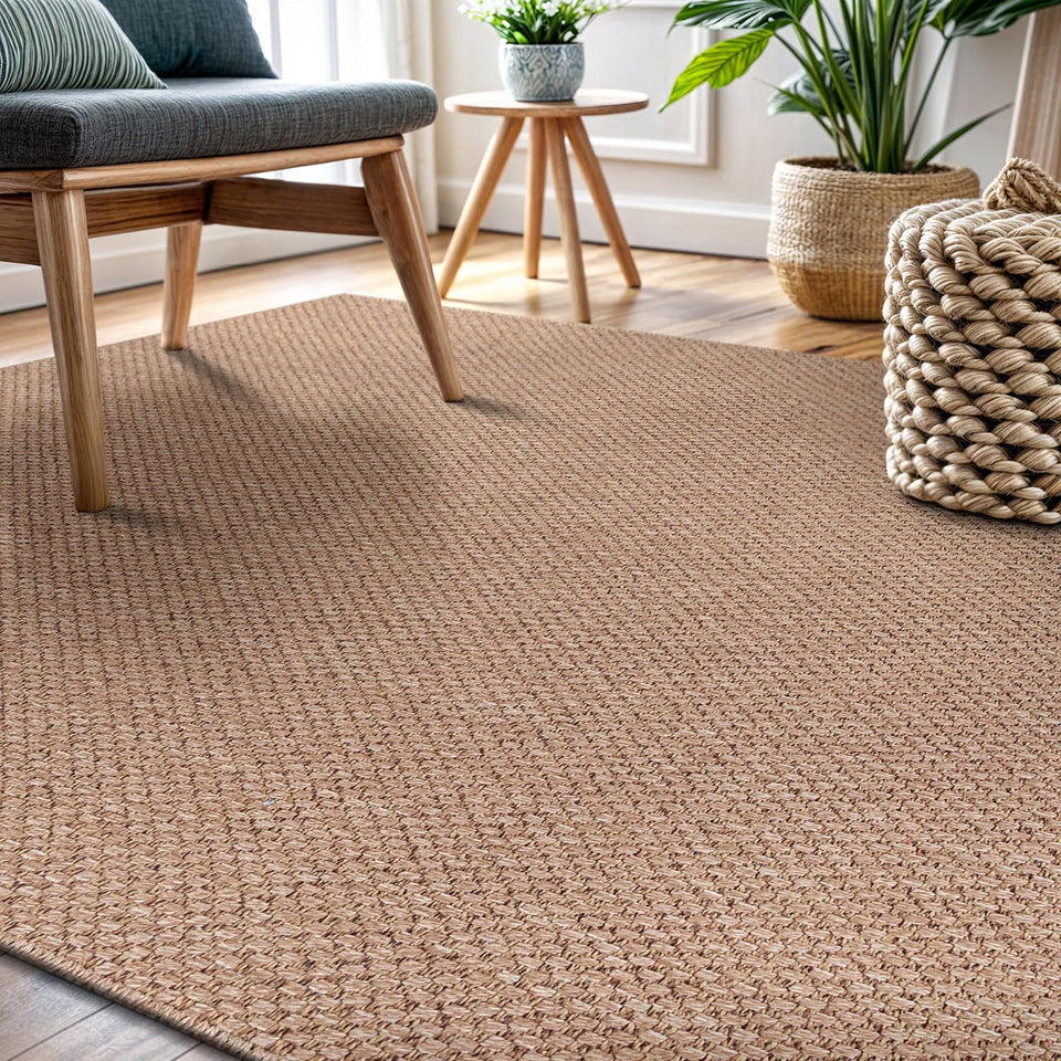CAMILSON Easy Jute Rug 10x14, Indoor Outdoor Natural Color Fiber Area Rugs for Living Room Patio and Kitchen Rug Herringbone Woven Design Easy-Cleaning Washable Outside Carpet Alfombras 10 x 14