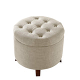 Amazon Basics Round Linen Ottoman with Storage, Tufted Upholstered Footstool for Living Room and Bedroom, 20" x 17", Linen Burlap Beige