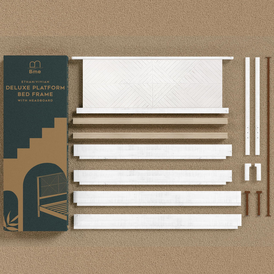 Bme Vivian 14 Inch Deluxe Bed Frame with Headboard, Rustic & Scandinavian Style with Solid Acacia Wood, No Box Spring Needed, 12 Strong Wood Slat Support, Easy Assembly, King, Rustic Golden Brown