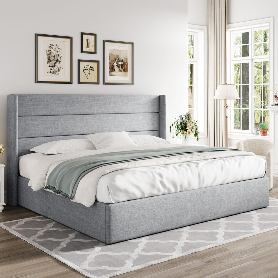 Allewie King Size Lift Up Storage Bed, Modern Wingback Headboard, Hydraulic Support, No Box Spring Needed, Light Beige