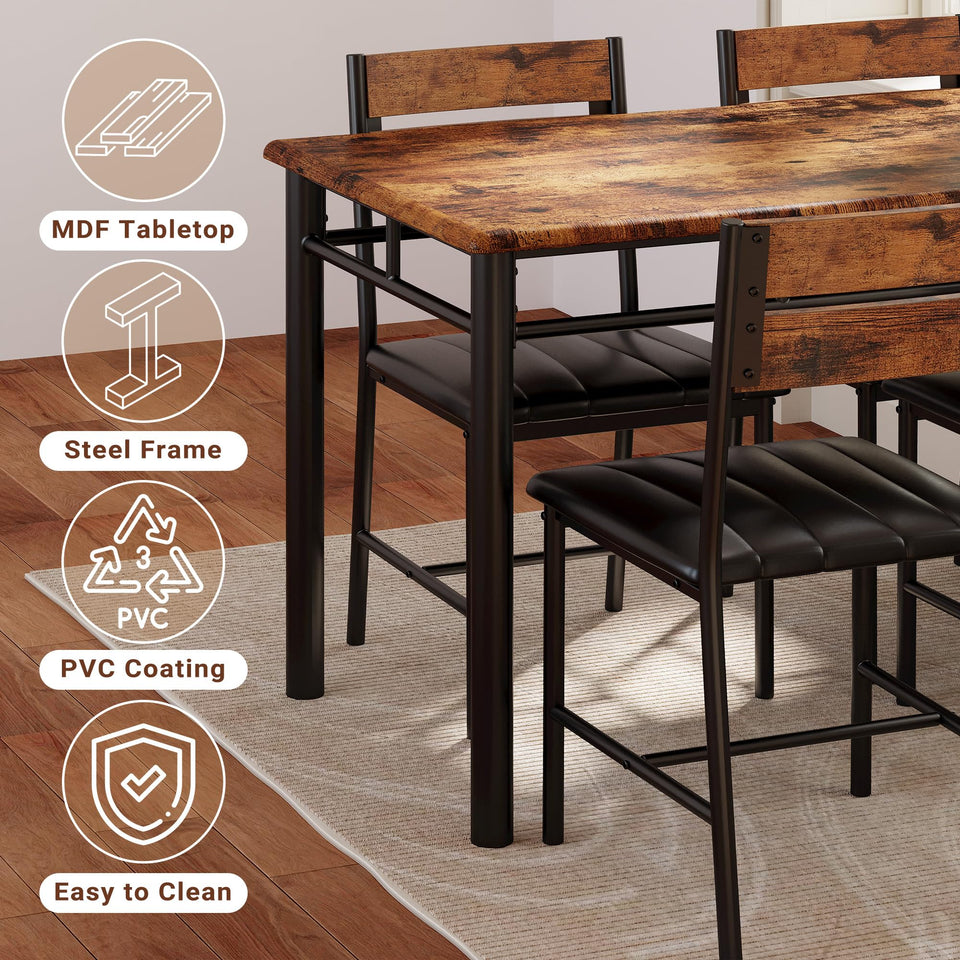 IRONCK Dining Table Set for 4, Wood Kitchen Table with Upholstered Chairs for Kitchen Room and Small Spaces, Rustic Brown