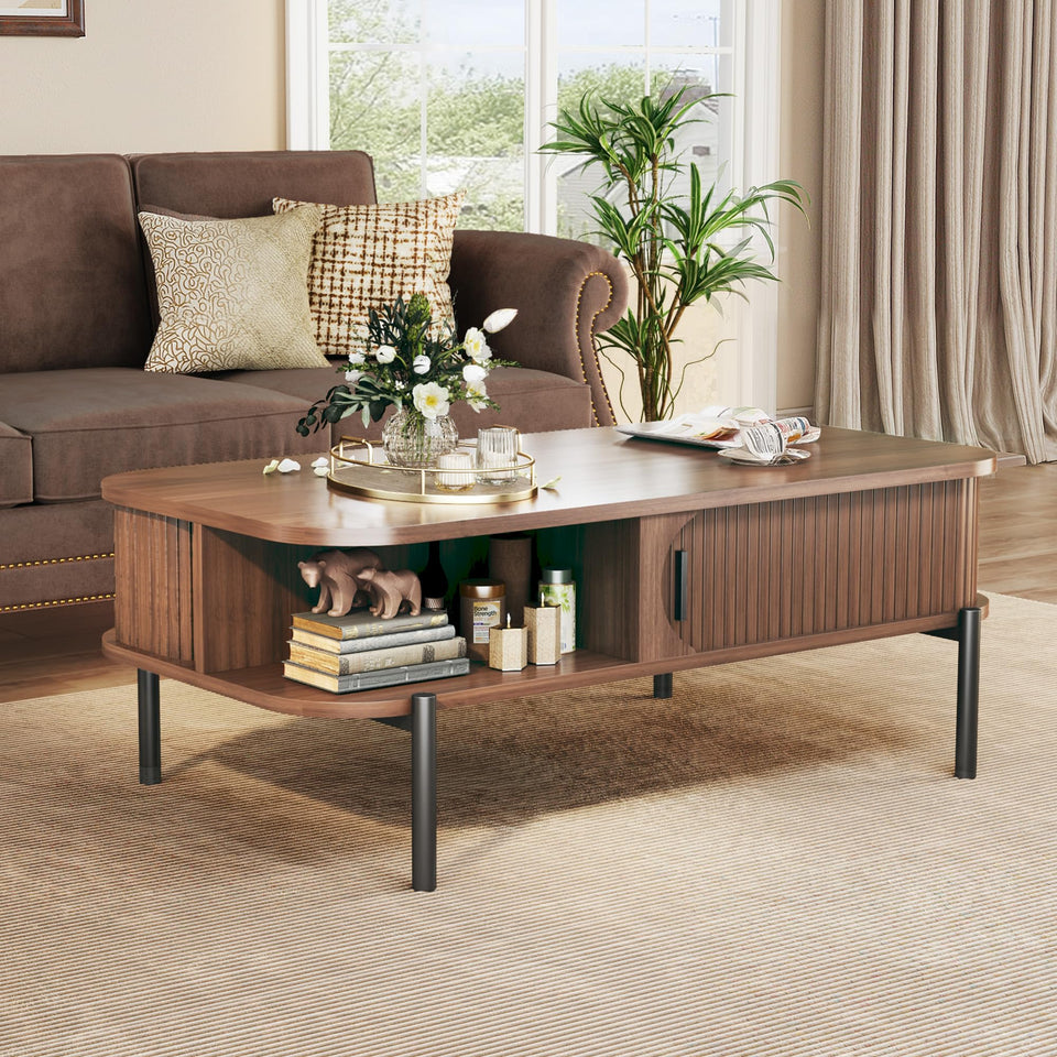 Coffee Table, 39.4" Mid Century Modern Coffee Tables for Living Room, Coffee Table with Storage Open Shelf, Fluted Table with Sliding Cabinet Door, 2-Tier Rustic Wood Desktop, Walnut