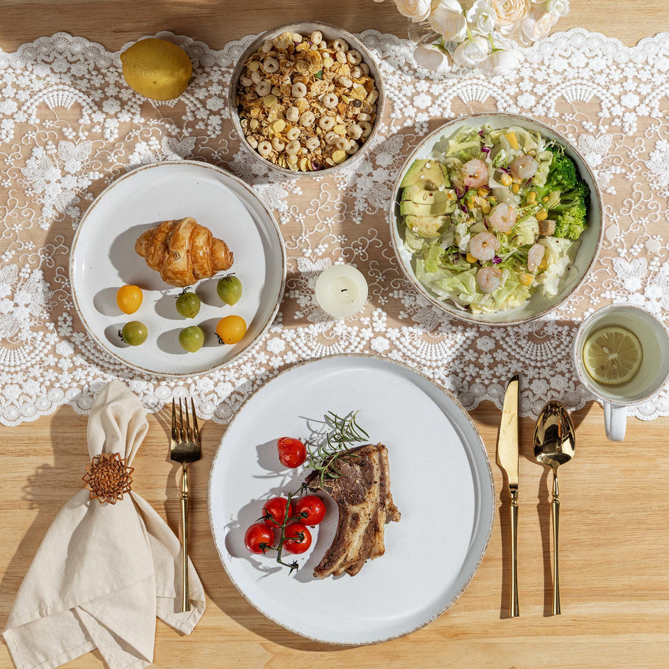 AmorArc Ceramic Dinnerware Sets for 8, 24 Pieces Handpainted Plates and Bowls Set with Rustic Terracotta Underside, Scratch Resistant Stoneware Dishes Set, Dishwasher & Microwave Safe, Light Beige