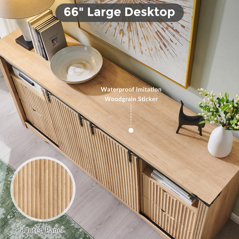 JXQTLINGMU Farmhouse TV Stand for 75+ Inch TV, 32" Tall Entertainment Center w/4 Drawers & Sliding Barn Door, Rustic Media Console w/Storage Shelves, 66" Wood Television Stand for Living Room, Brown