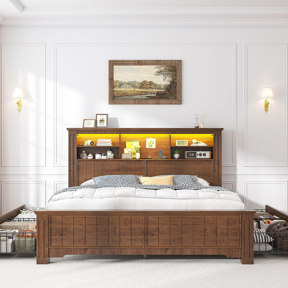 EnHomee King Size Bed Frame and Headboard & Storage, 4 Drawers and LED Built in Charging Station King Bed Frame with Storage Farmhouse,NO Noise,No Box Spring Needed,White