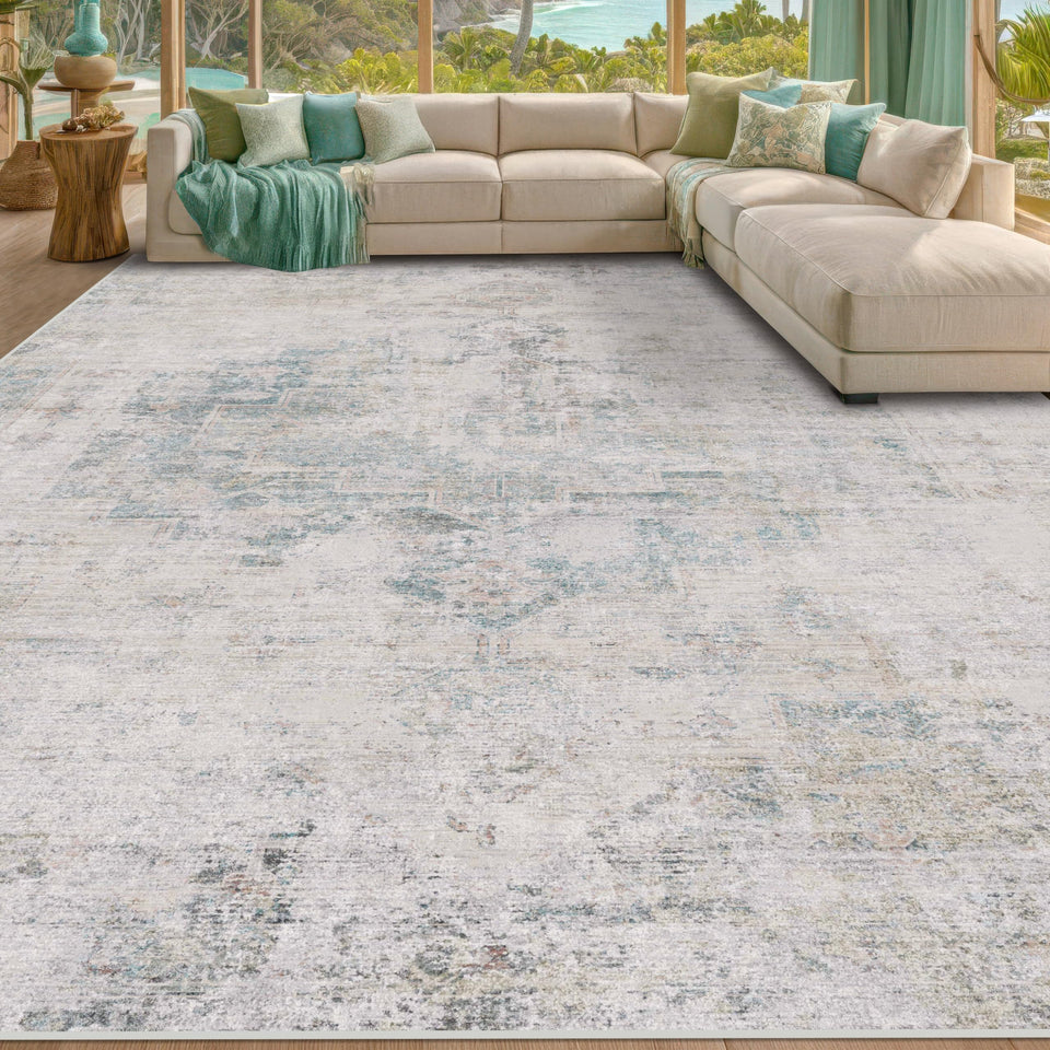 Neutral Living Room Rug - 10x14 Farmhouse Beige Brown Large Area Rug for Dining Room, Bedroom, Low Pile Lightweight Washable