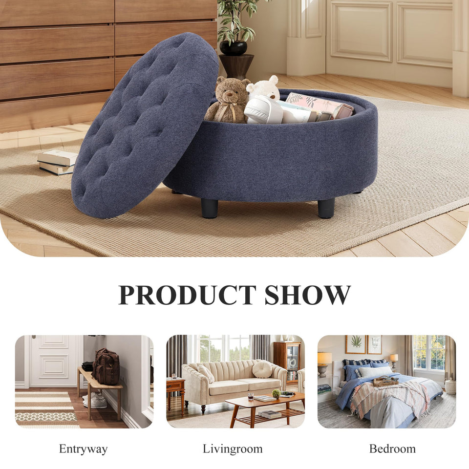 COLAMY Fabric Round Storage Ottoman with Reversible Tray Lid – Multi-Functional Footrest, Hidden Storage, Sturdy & Stylish Small Coffee Table for Living Room, Bedroom, or Entryway(Beige)