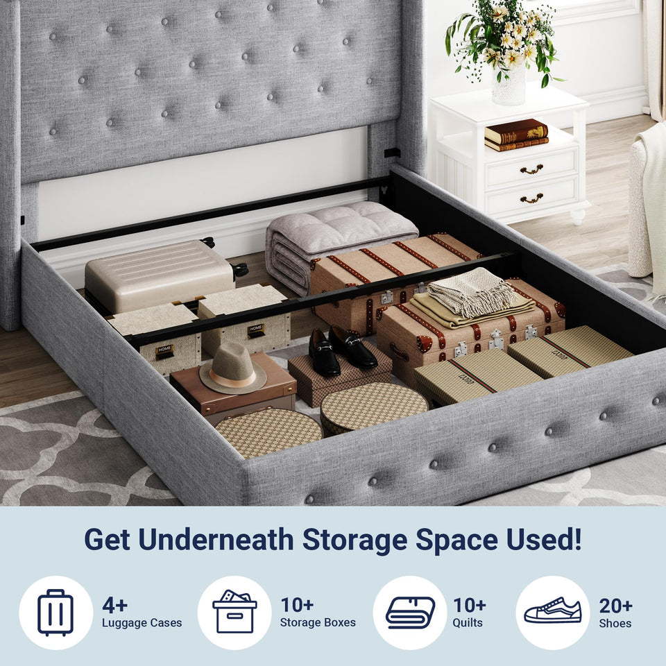 Allewie King Size Lift Up Storage Bed, Modern Wingback Headboard, Hydraulic Support, No Box Spring Needed, Light Beige