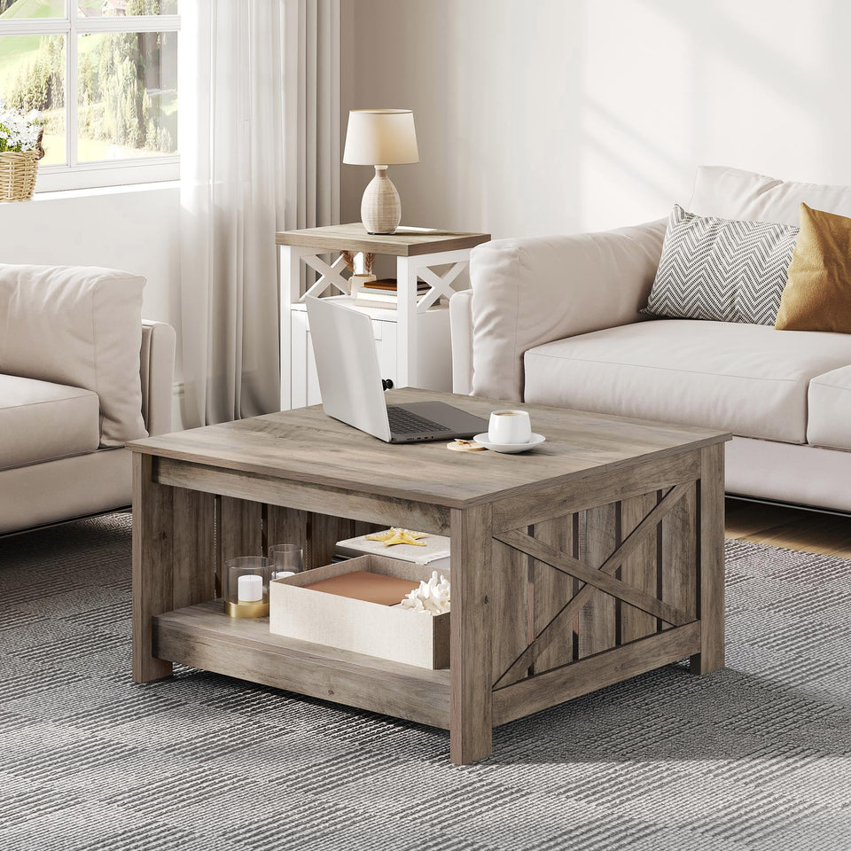 YITAHOME Coffee Table Farmhouse Coffee Table with Storage Rustic Wood Cocktail Table, Square Coffee Tables for Living Meeting Room with Half Open Storage Compartment, Grey Wash