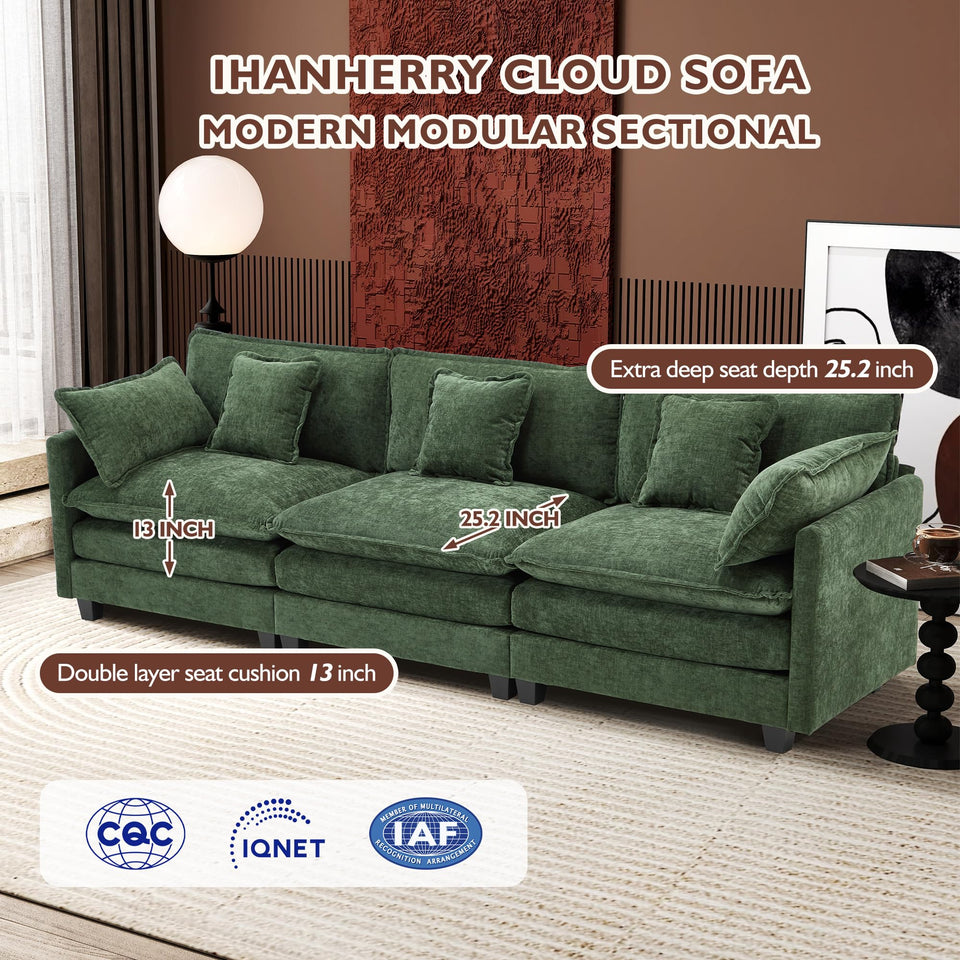 Ihanherry 146" U-Shaped Modern Sofa Modular Sectional Cloud Couch with 2 Ottoman, 6-Seat Chenille Deep Seat Sofa with 6 Pillows for Living Room, Bedroom and Apartment, Grey