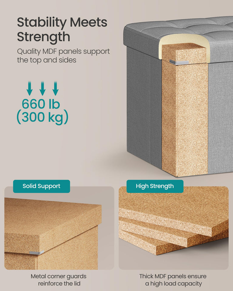 SONGMICS MAZIE Collection - 43 Inches Folding Storage Ottoman Bench, Ottoman Foot Rest, End of Bed Bench, Storage Chest, Load 660 lb, for Living Room, Bedroom, Entryway, Dark Gray ULSF77K