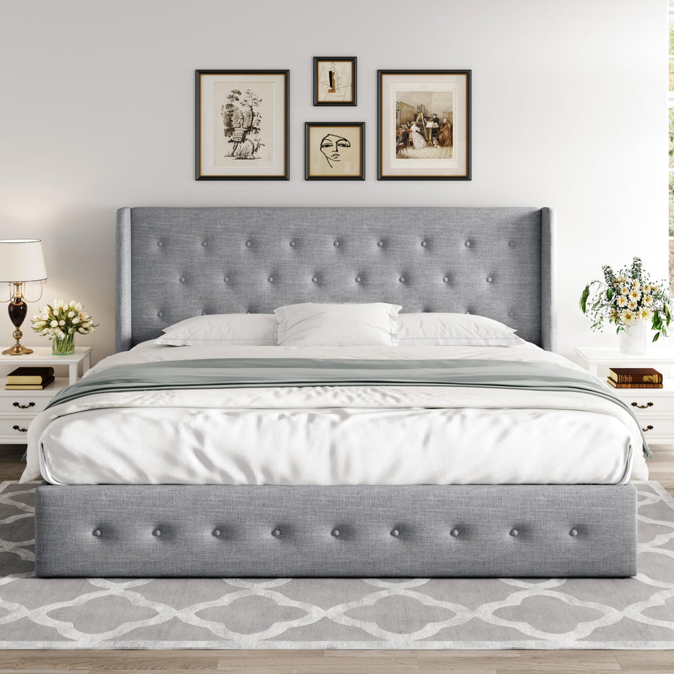 Allewie King Size Lift Up Storage Bed, Modern Wingback Headboard, Hydraulic Support, No Box Spring Needed, Light Beige